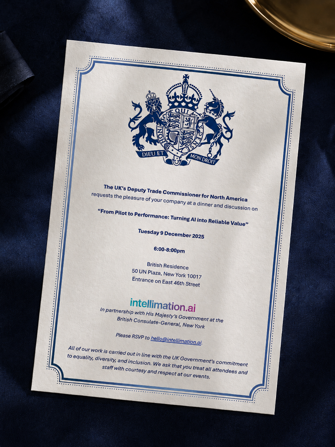 Formal invitation to the intellimation.ai executive dinner at the British Residence, New York, hosted in partnership with the UK's Deputy Trade Commissioner for North America
