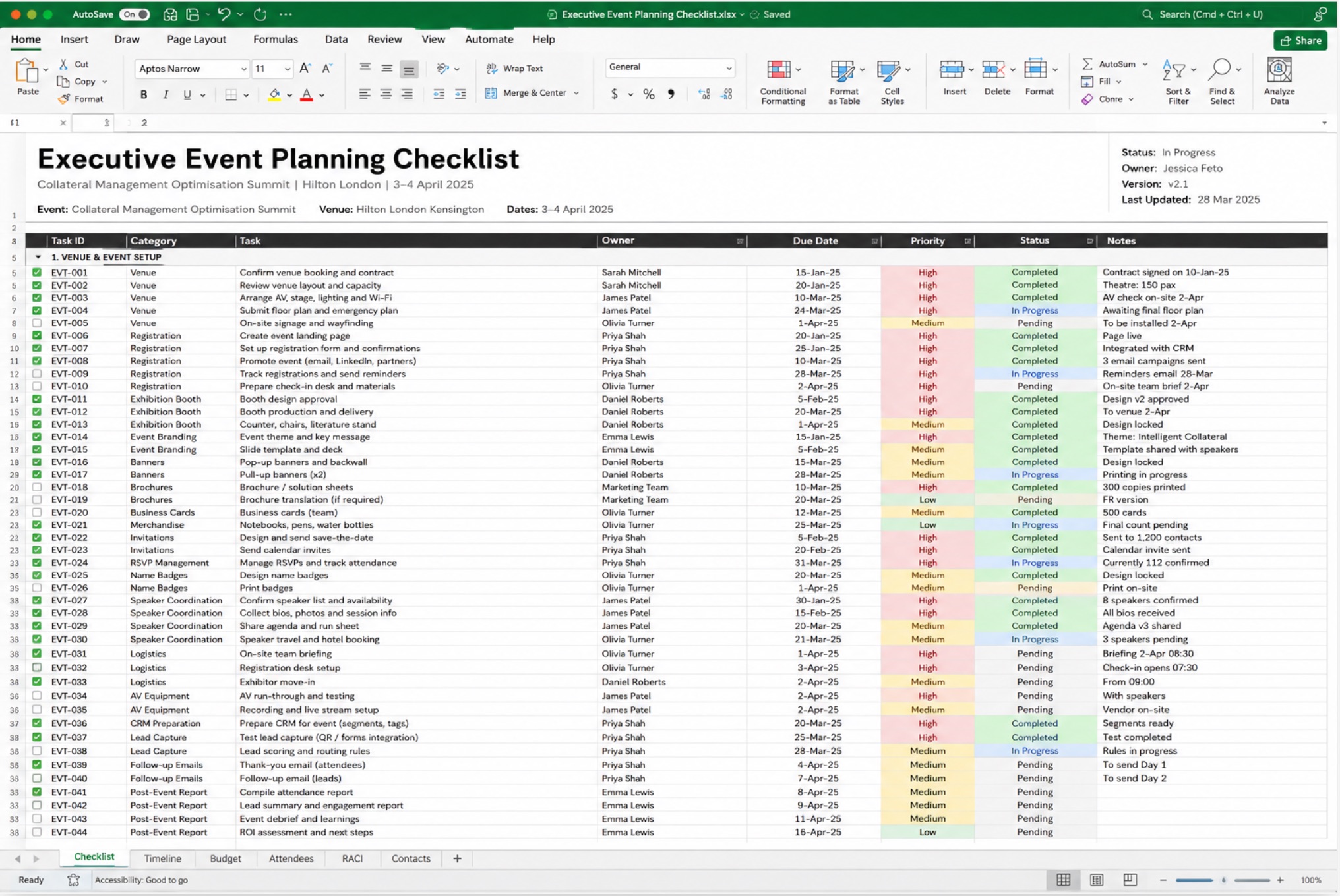 Executive Event Planning Checklist spreadsheet for the Collateral Management Optimisation Summit