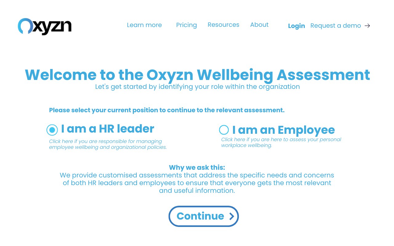 Role selection screen asking whether the visitor is an HR leader or an employee