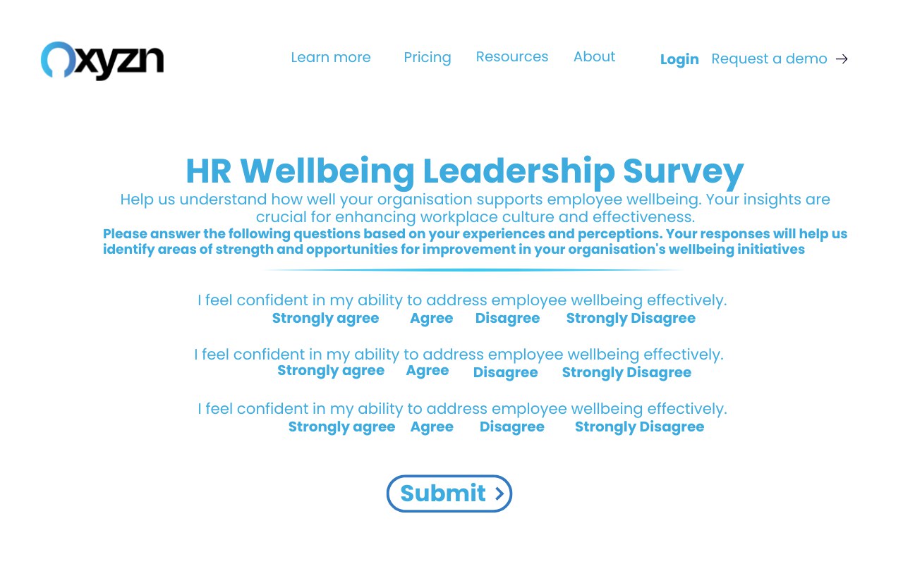 HR wellbeing leadership survey screen with agreement scale questions