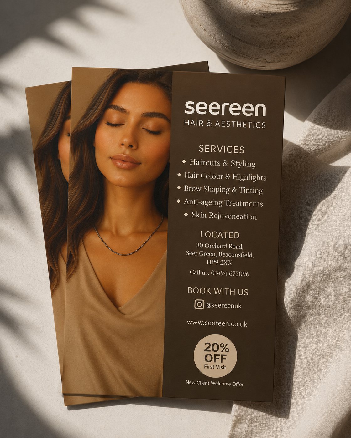 Seereen promotional flyer listing services and an introductory offer