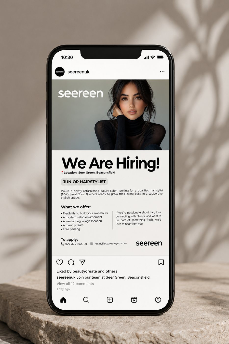 Seereen recruitment post template shown on a phone