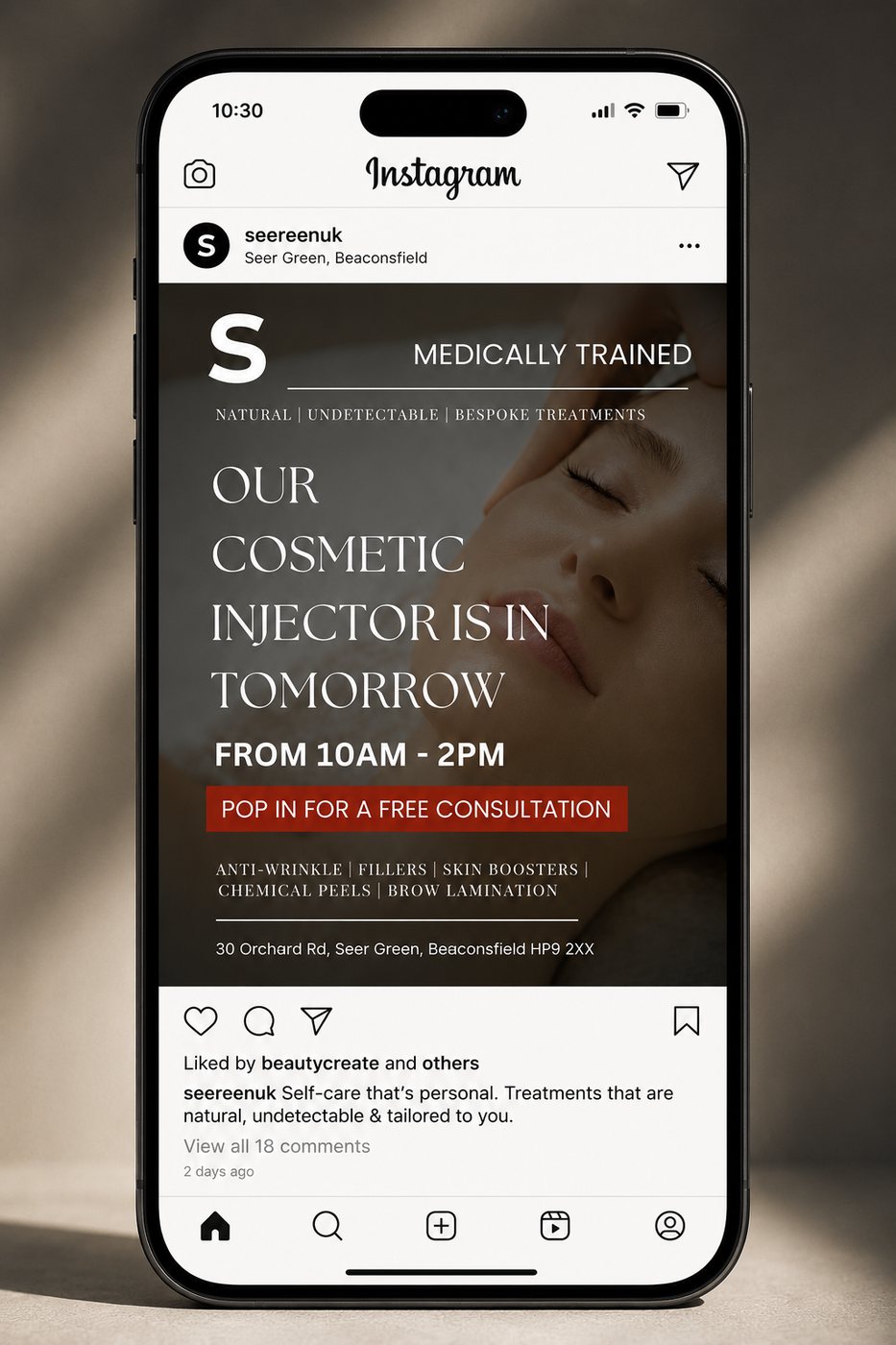 Seereen treatment announcement post template shown on a phone