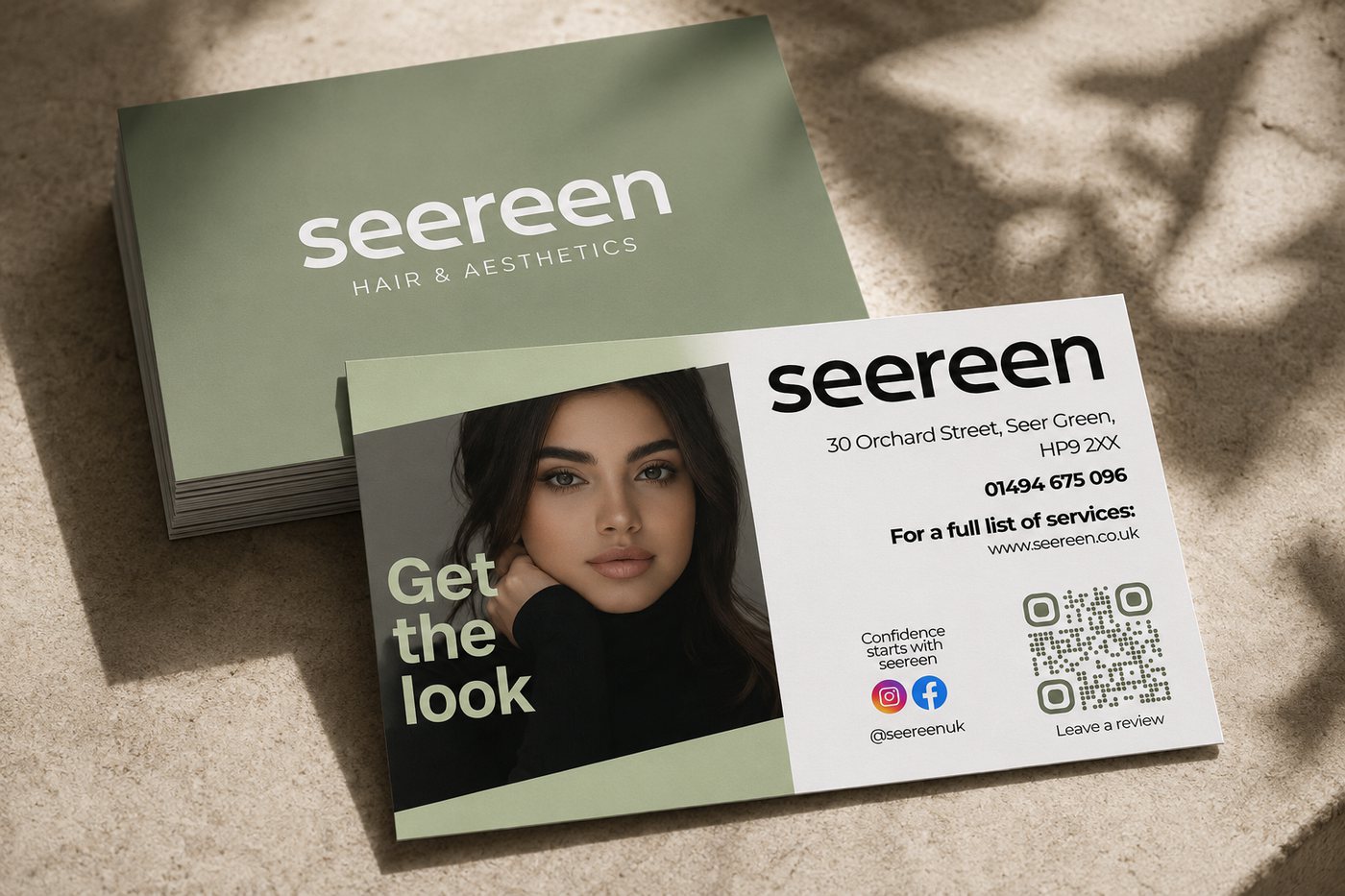 Seereen business cards showing the wordmark and colour palette